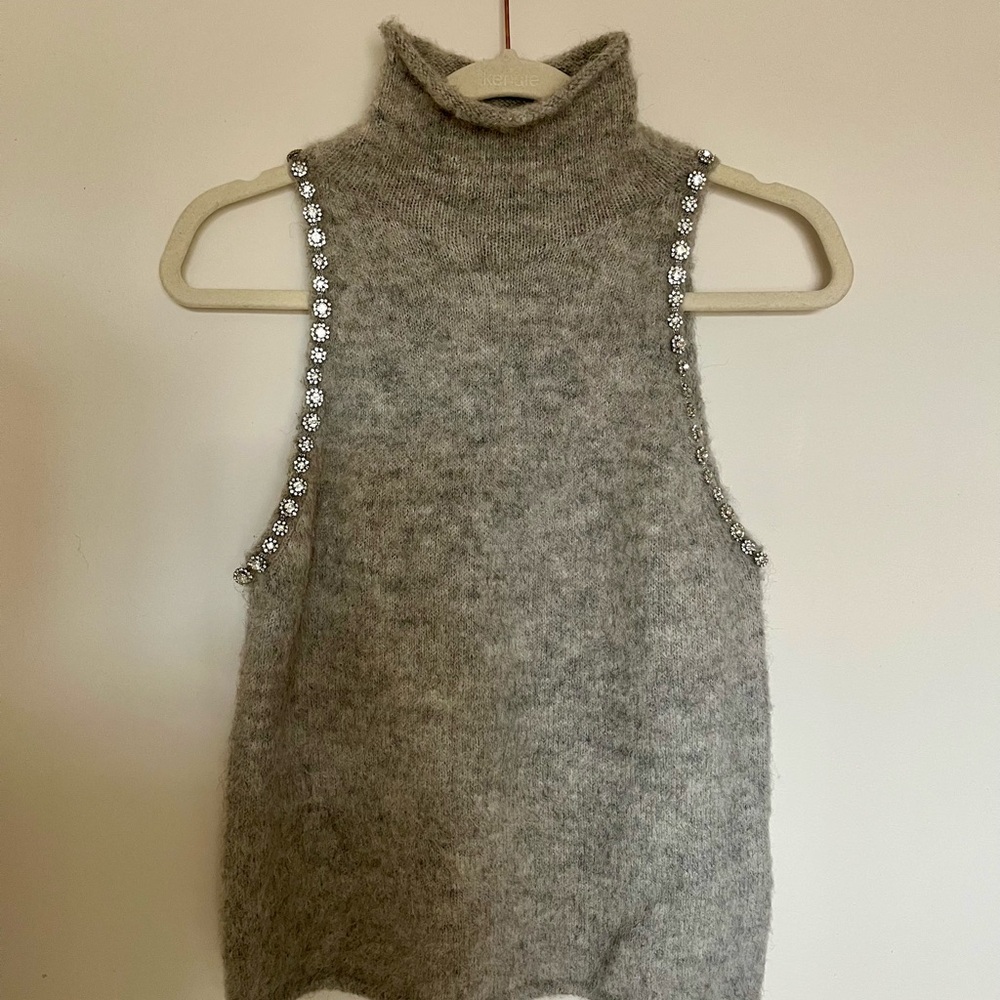 Zara Gray Sleeveless Turtleneck Sweater with Embellishments